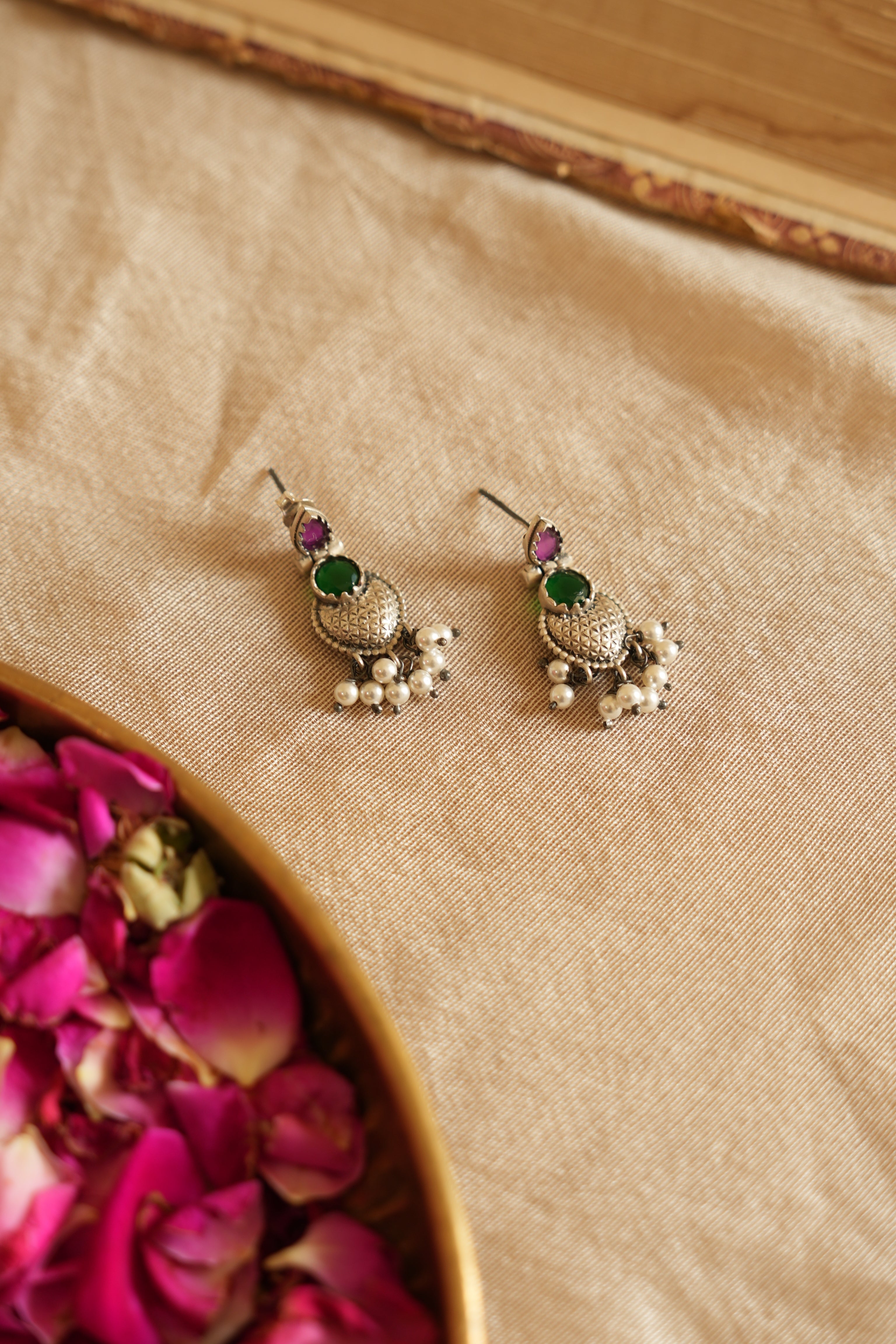 Elegant Temple-Inspired Oxidised Silver Earrings